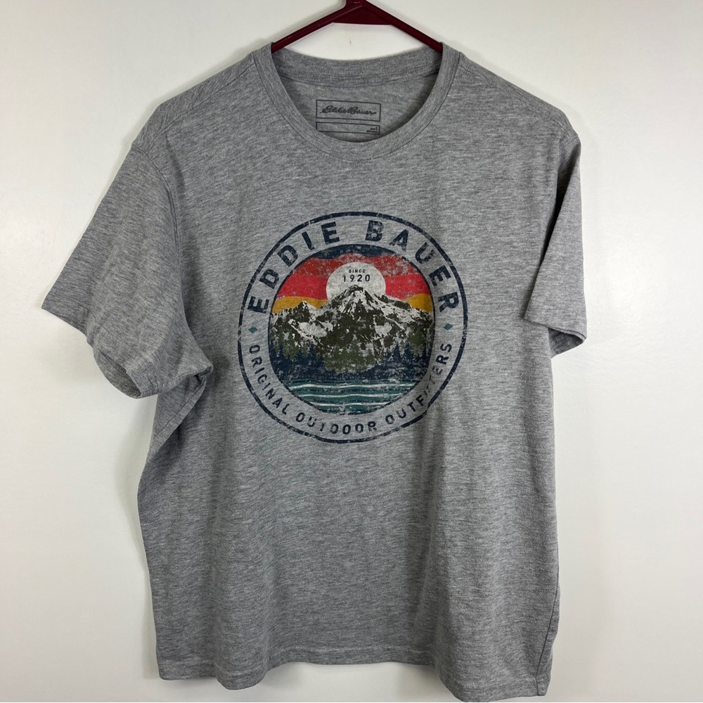 Eddie Bauer Mountains Logo Tshirt Gray Sz Large Fits Short